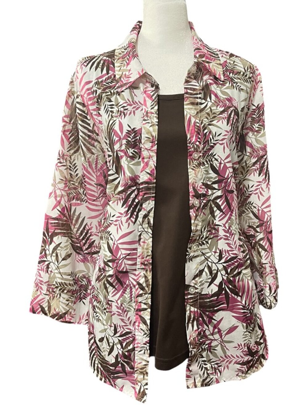 Christopher & Banks Pink & Brown Two Piece Tank & 3/4 Sleeve Fern Sheer Blouse